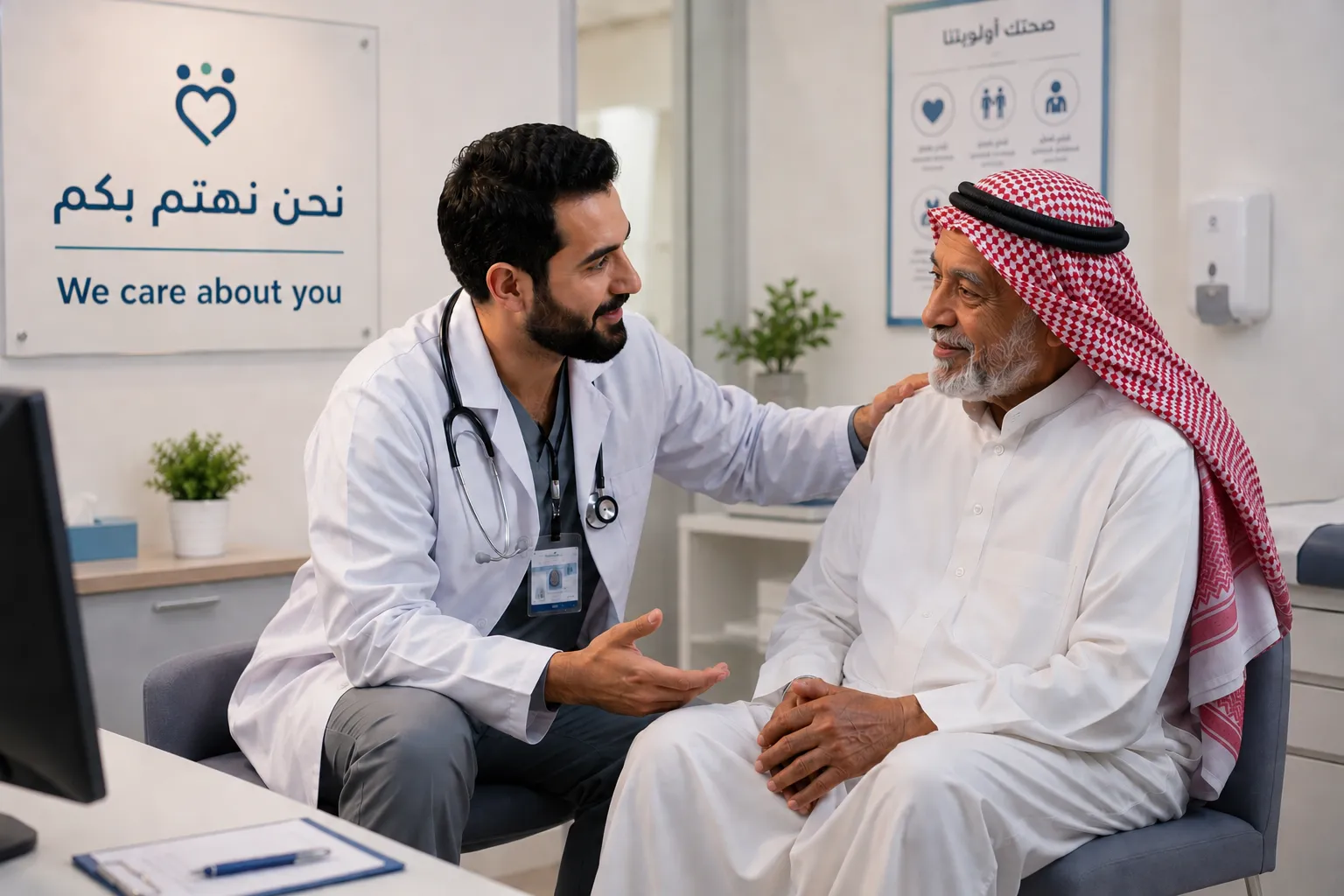 A clinician reviews multilingual notes with a patient at the bedside.